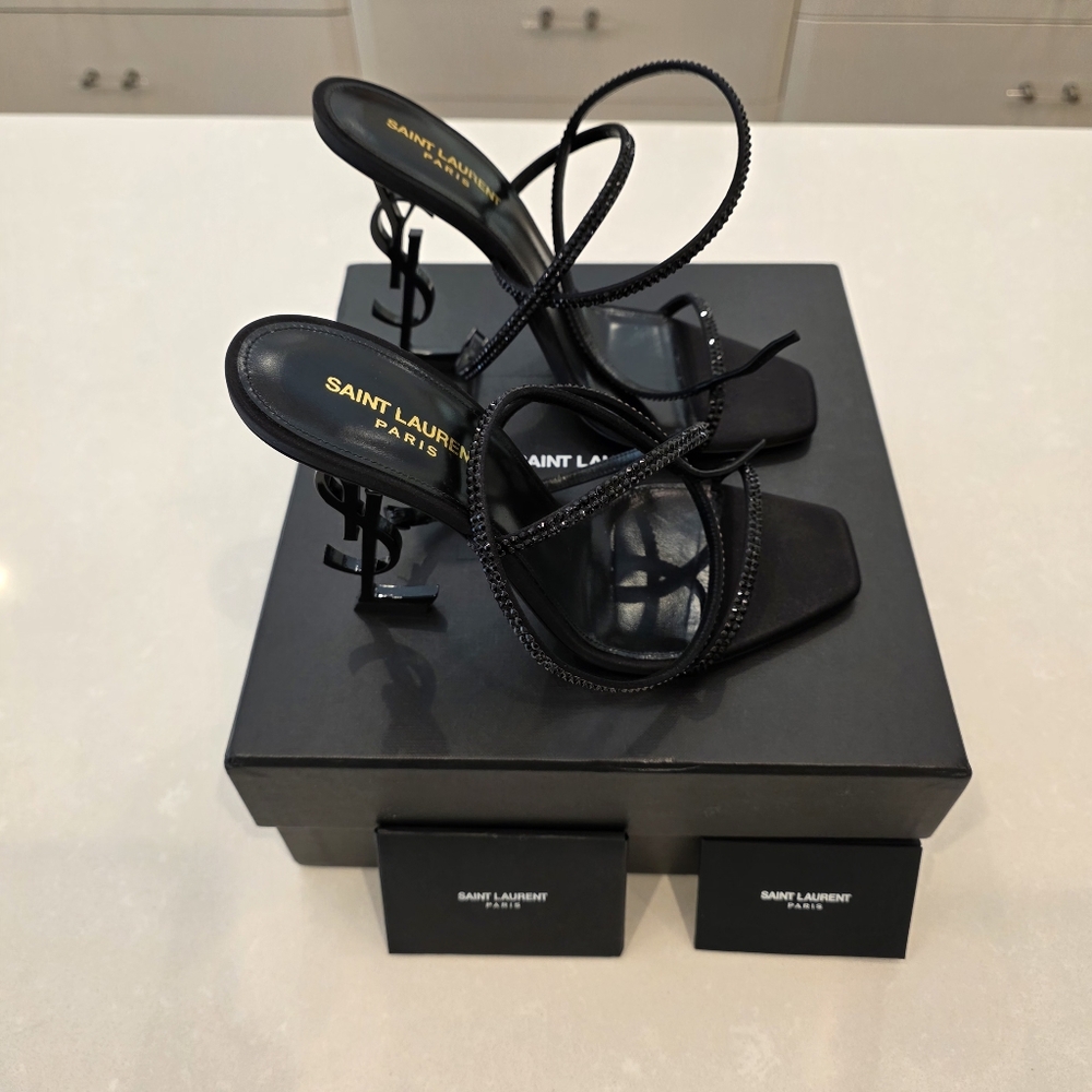 💯 Authentic Saint Laurent Opyum Crystal Black Strappy Sandals - Picture 6 of 17